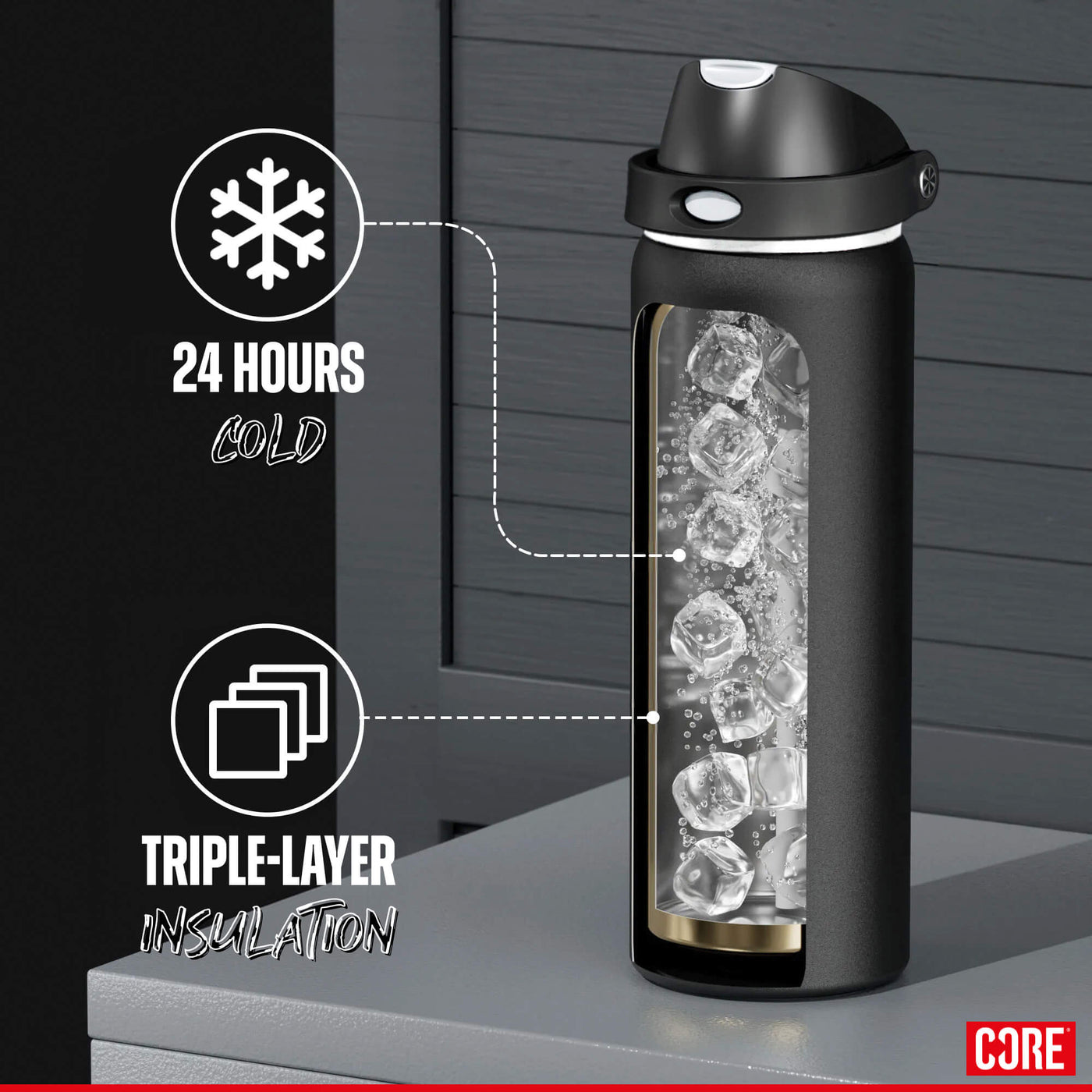 CORE Insulated Water Bottle, Dual Spout 750ml - Black