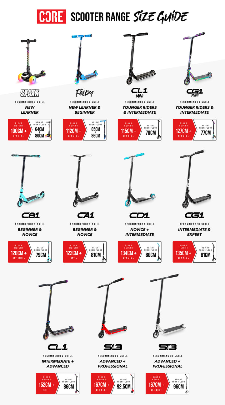 CORE Scooter Range Size Guide 2025