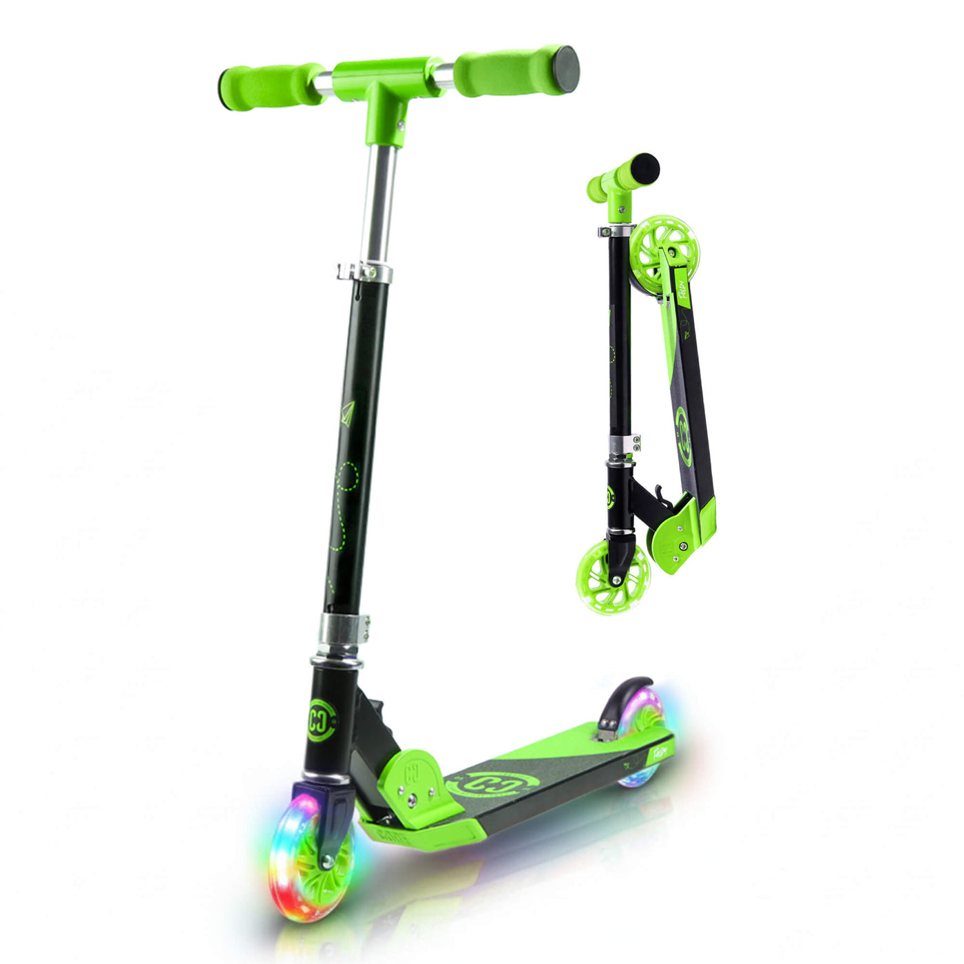 CORE Kids Foldy Junior Kick Scooter – Black/Green (LED Wheel)