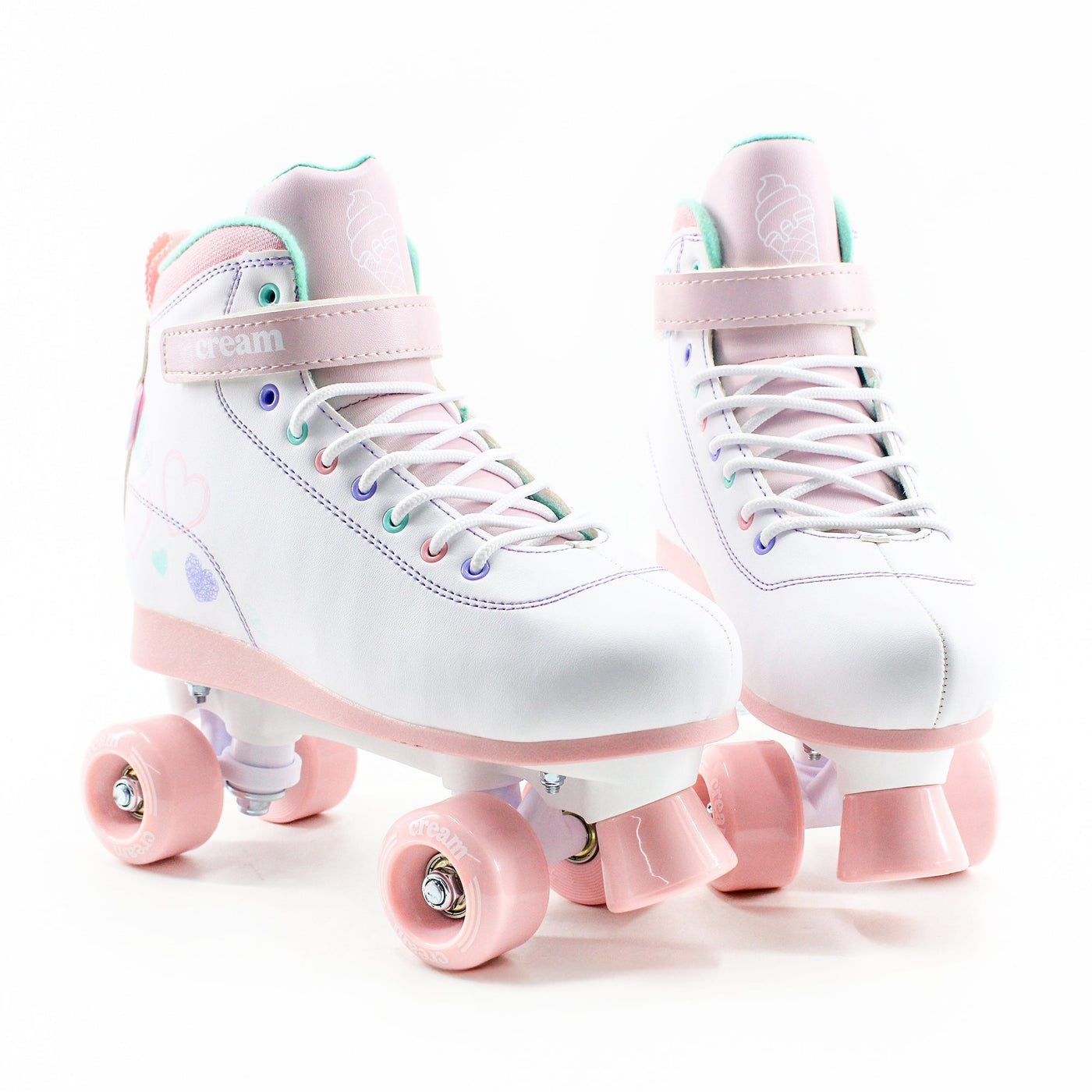 CREAM Scoop Quad Roller Skates, Adjustable - Hearts, White/Pink