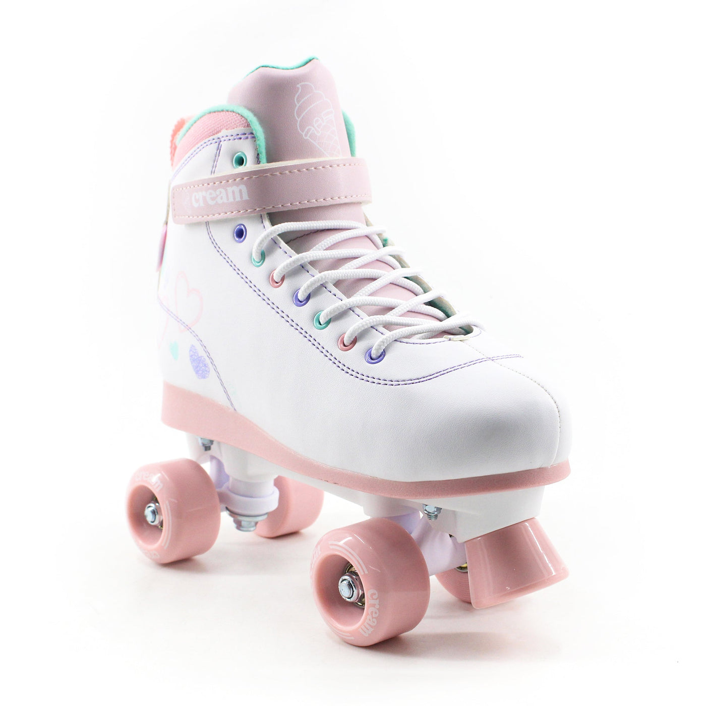 CREAM Scoop Quad Roller Skates, Adjustable - Hearts, White/Pink