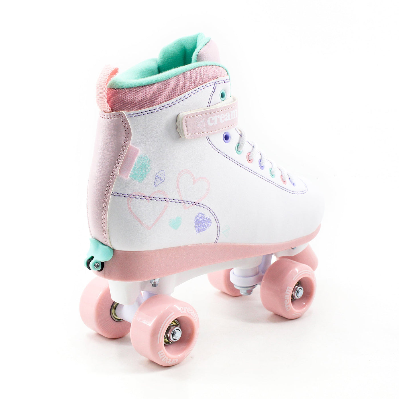 CREAM Scoop Quad Roller Skates, Adjustable - Hearts, White/Pink