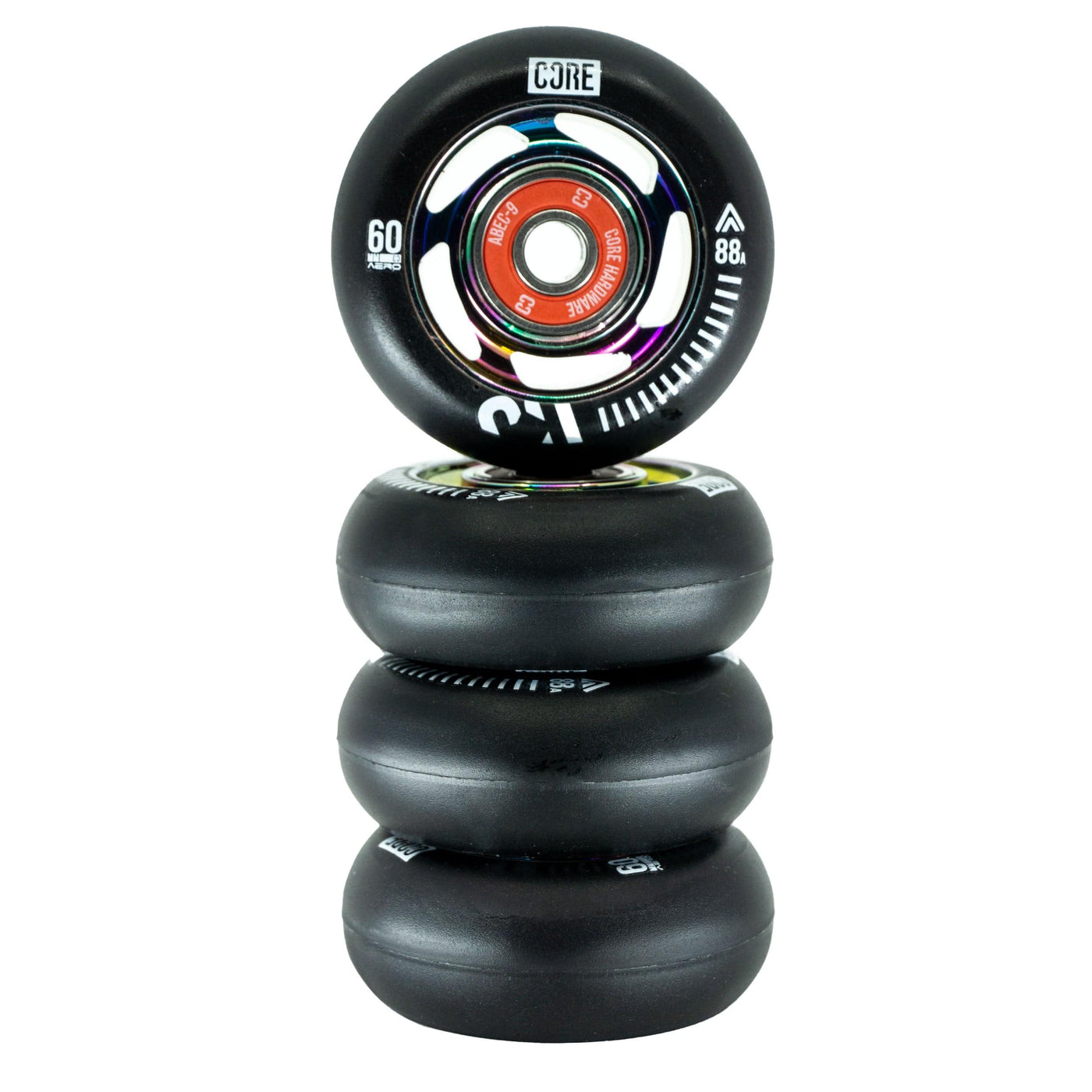 CORE Aero Inline Skate Wheels 60mm Neo Chrome 4 Pack Bearings I Skate Bearings Stacked
