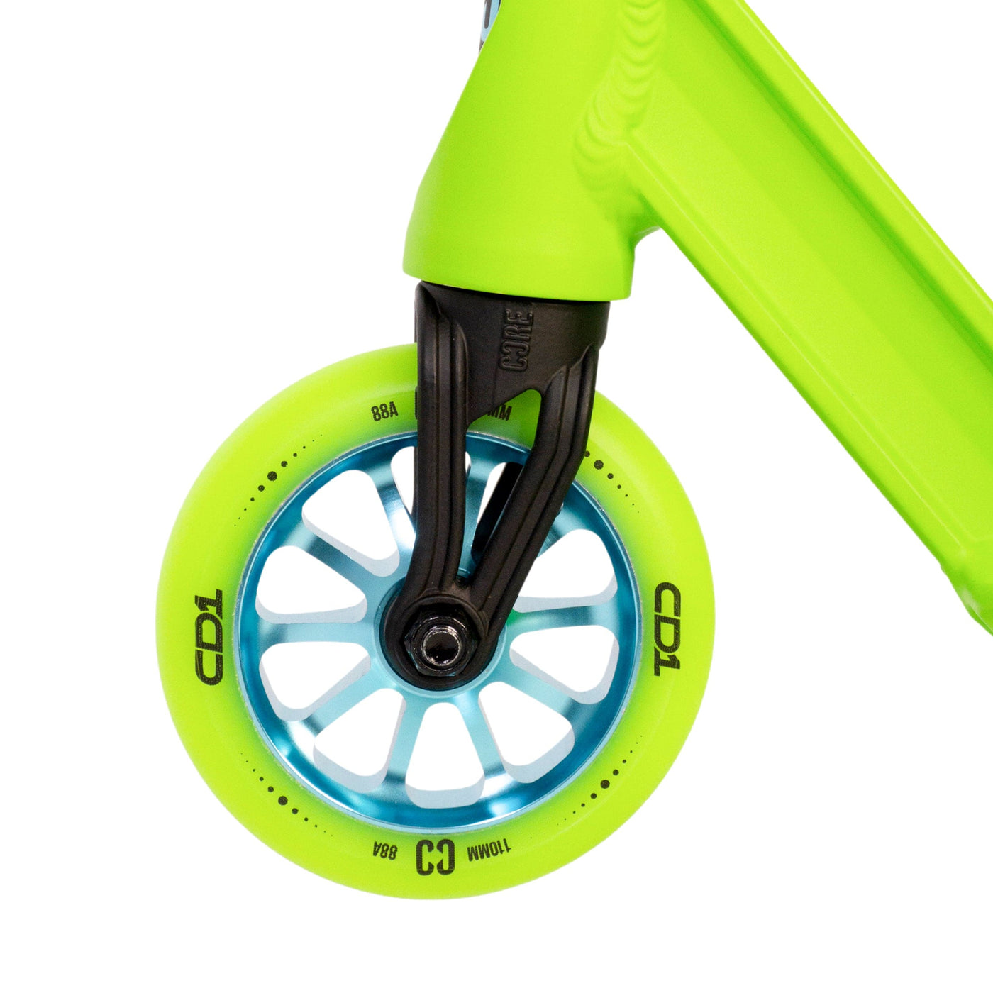 CORE CD1 Complete Stunt Scooter Lime & Teal I Adult Stunt Scooter Front Wheel Zoom
