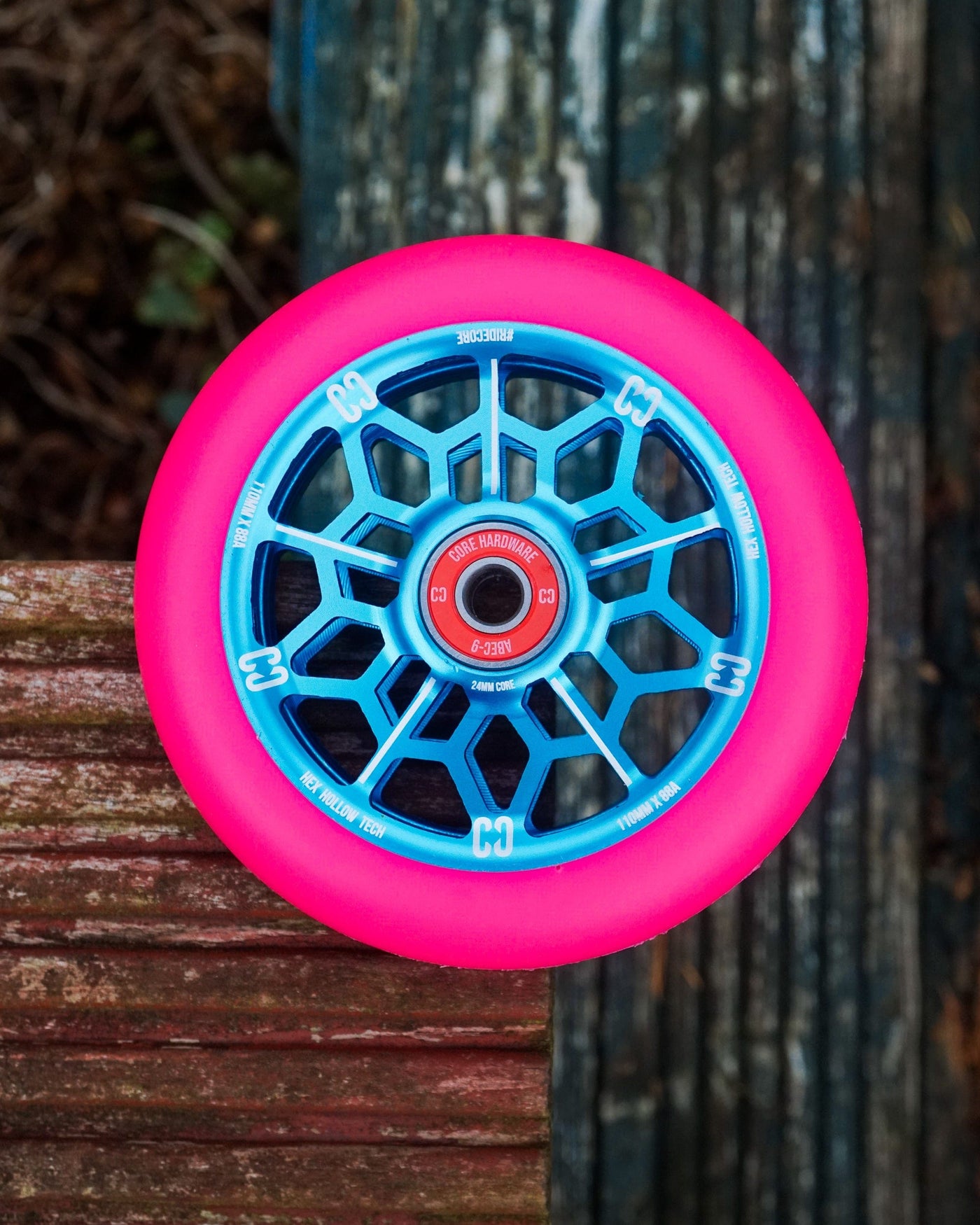 CORE Hex Hollow Stunt Pink & Blue Scooter Wheel 110mm I Scooter Wheel Laying Down