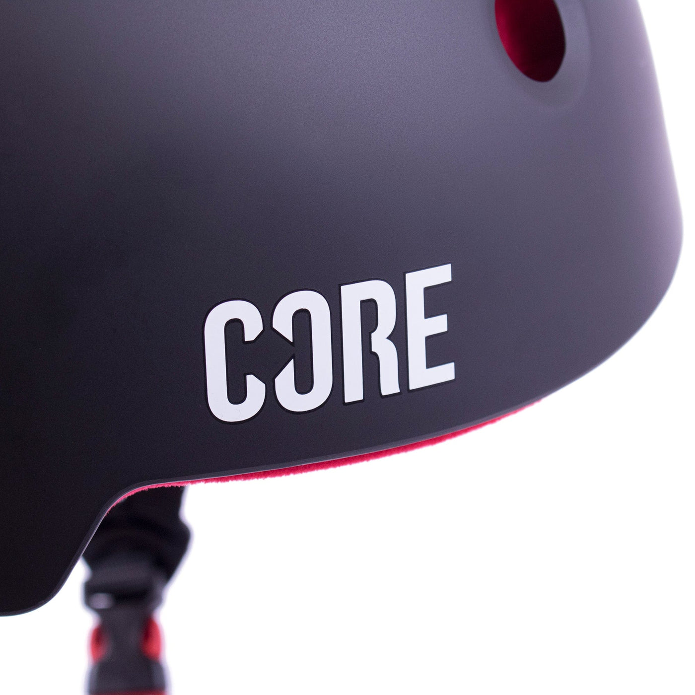 CORE Pro Light Skateboard Helmet Black/Red I Skateboarding Hemet Zoomed In Logo Front