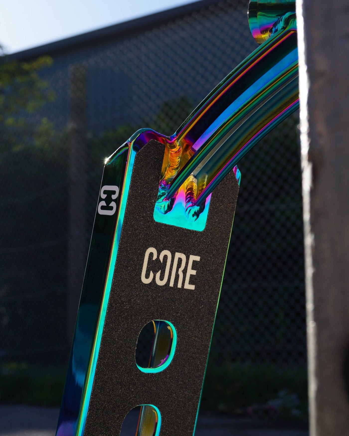 CORE SL1 Scooter Deck Neo Chrome 19.5 x 4.5 I Scooter Deck Close Up Leaning